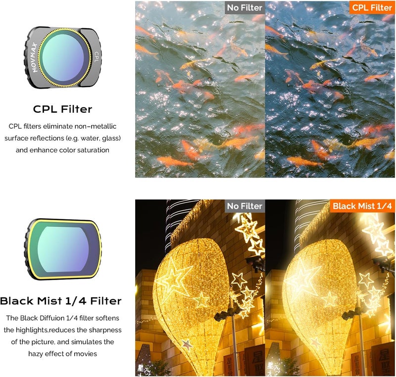 Movmax Magnetic Filter Kit Comptible with DJI Osmo Pocket 3 Creator Combo Accessories,3 Pack Variable ND2-32 & CPL,Black Diffusion 1/4 Effect Filter with 1 Screen Protector - Image 4